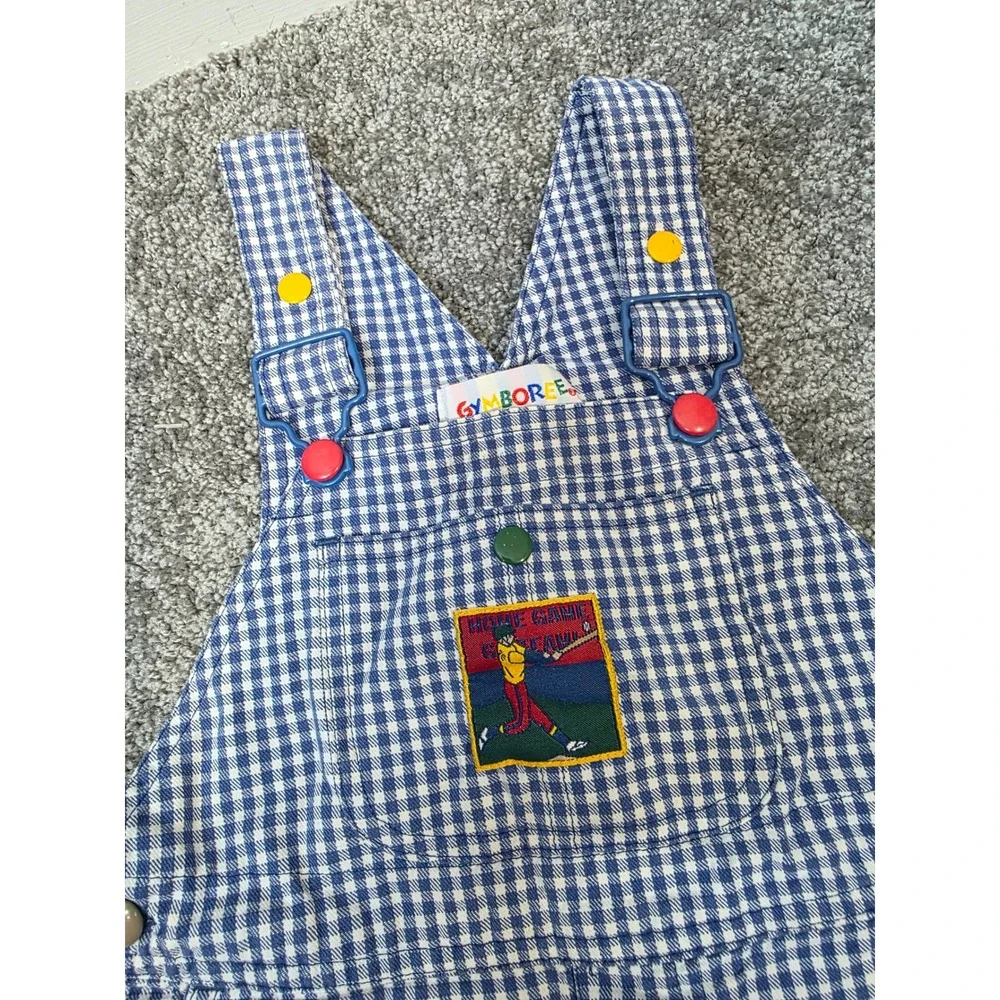 Vintage Gymboree Blue White Gingham Baseball Shortall Overalls Kids Small 90s